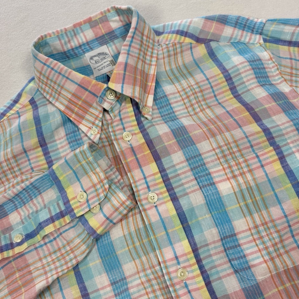 Brooks Brothers Mens Large Pastel Plaid 100% Irish Linen L/S Button Down Shirt